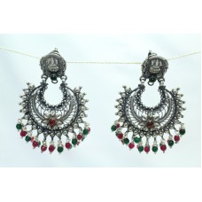 Handmade 925 Sterling Silver Earrings with Green & Red Onyx Stones Laxmi Figure